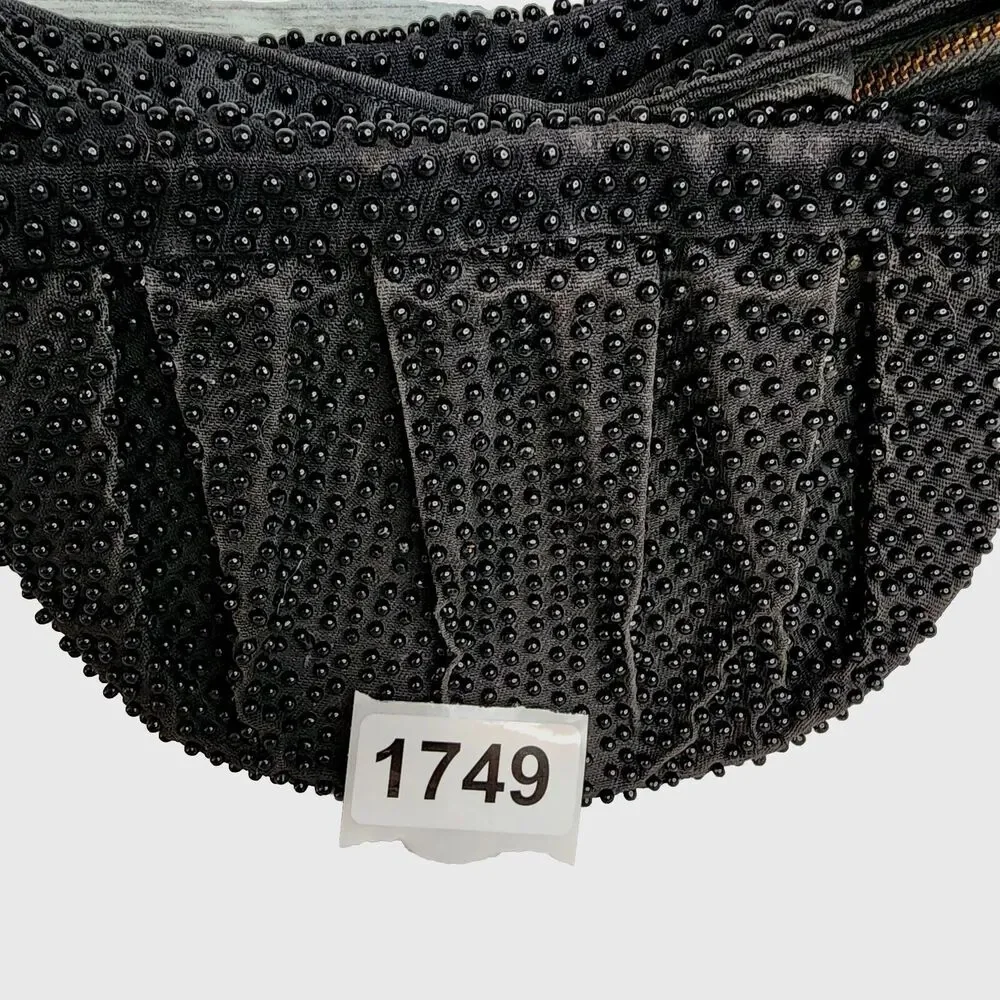 Vintage Plastic Beaded Bag Pleated Satchel Crescent Black Zippered Closure